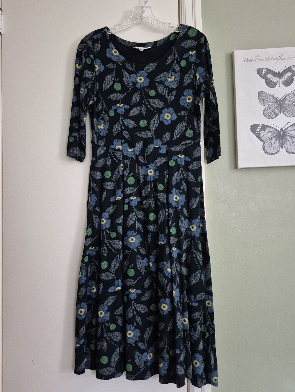 EUC Seasalt Cornwall Organic Cotton Floral Midi Dress, Pockets, 3/4 Sleeve US 6P
